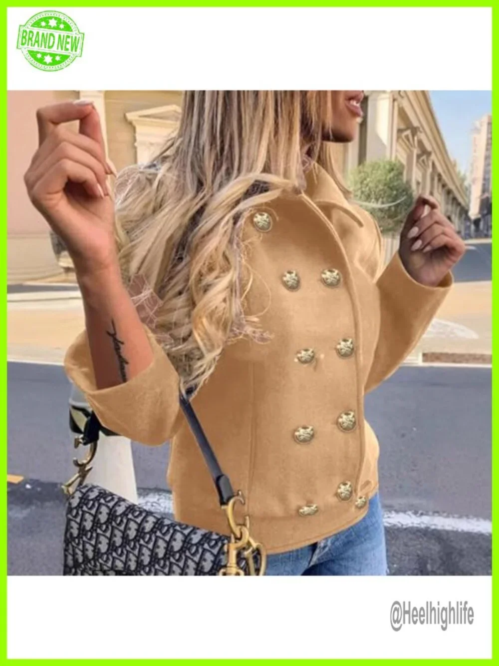 Wool Blend Cropped Double Breasted Peacoat Blazer Jacket
